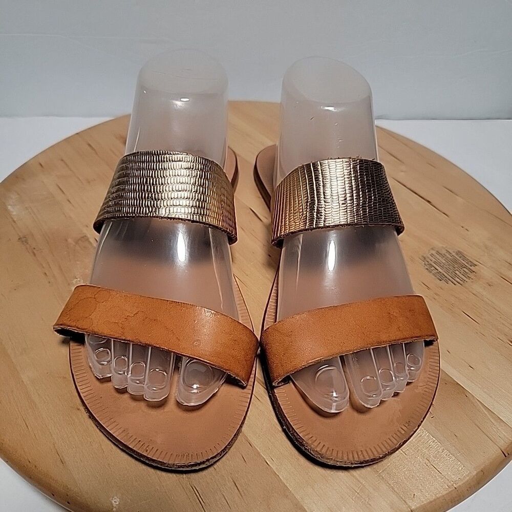 Joie A La Plage Women Leather Flat Sandal Cognac Gold  Sz 40 Made In Italy